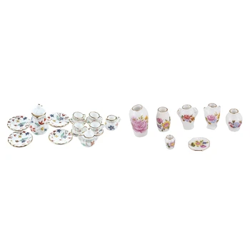 2 комплекта миниатюрных аксессуаров для кукол: 1 комплект посуды, фарфоровый чайный сервиз и 1 комплект керамической фарфоровой вазы для роз