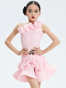 2023 Розовый Костюм для латиноамериканских танцев, Летнее Танцевальное платье для девочек, костюм для танцев Ча-Ча-Румба, Детская Одежда для занятий латиноамериканскими танцами DNV17813
