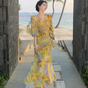 2024, китайское традиционное шифоновое платье феи ханфу, народное платье с цветочным принтом, элегантное вечернее платье, vestido уличная одежда