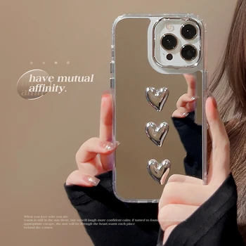 3D Love Heart Зеркало Для Макияжа Чехлы Для Телефонов iPhone 14 Case iPhone 12 11 13 14 Pro Max 14 Plus 13pro 12p Серебристый Противоударный Чехол
