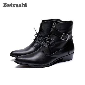 Batzuzhi/ Красивые Мужские Ботинки; zapatos de hombre; Черные Полусапожки Из натуральной кожи; Модные Мужские Ботинки на шнуровке с пряжками!