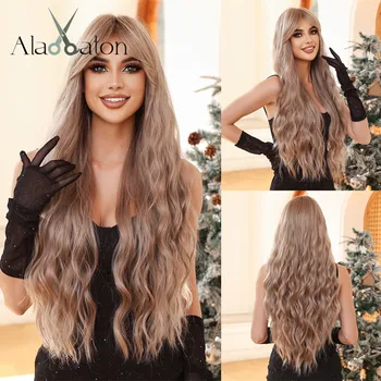 АЛАН ИТОН, светло-коричневый волнистый парик для женщин с челкой, натуральные синтетические волосы, парик из термостойкого волокна для ежедневного использования на вечеринках