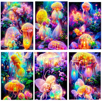 Алмазная роспись Светящаяся медуза, круглая квадратная дрель, мозаика, Цветочная вышивка, Наборы растений, пейзажи, подарок ручной работы