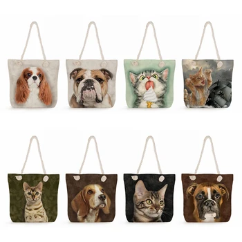 Большая женская сумка с принтом милых животных, кошек и собак, эко-многоразовые складные сумки через плечо, пляжная дорожная женская сумка-тоут