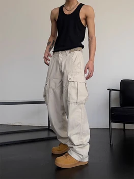 Брюки-карго, мужские повседневные комбинезоны в стиле ретро с большими карманами, высокая талия, свободные широкие брюки с прямой трубкой и драпировкой для женщин
