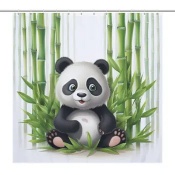 Водонепроницаемая удлиненная занавеска для душа из бамбука в виде панды, ткань с тропическими деревьями, Декор для ванной комнаты, занавески для ванной, 12 шт. крючков