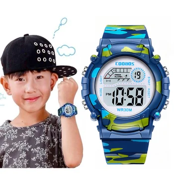 Детские часы COOBOS, темно-синие камуфляжные детские часы, спортивные светодиодные цифровые часы, водонепроницаемые светящиеся часы для студентов, мальчиков и девочек