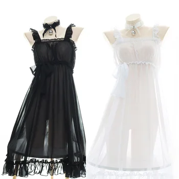 Женская полупроницаемая шифоновая пижама, однотонная белая Черная ночная рубашка без рукавов с милым бантом, сексуальное платье горничной для косплея