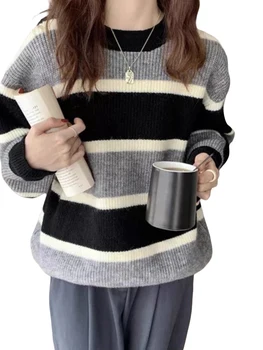 Женский вязаный свитер в полоску с круглым вырезом и длинным рукавом, теплый пуловер на осень-зиму