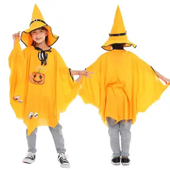 Костюм на Хэллоуин, детский комплект костюмов на Хэллоуин, накидка с принтом тыквы и черепа, Остроконечная шляпа ведьмы, батистовый рукав на шнуровке для детей