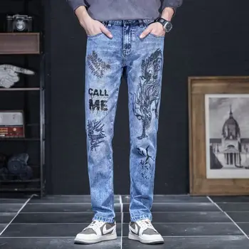 красивые персонализированные мужские джинсы с принтом в стиле ретро, облегающие модные и универсальные джинсы-скинни с молодежной эластичностью для мужчин