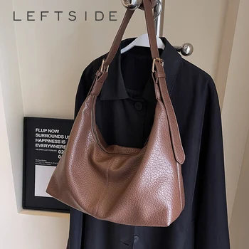Модная женская простая большая кожаная сумка через плечо LEFTSIDE, женские сумки и кошельки 2023 Y2K, новая ретро-сумка-хобо большой емкости.