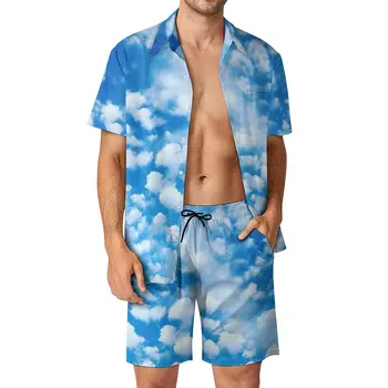 Мужские комплекты Cloud Machine Повседневные шорты с принтом Голубого неба, летний модный комплект рубашек для отпуска, дизайн с коротким рукавом, костюм Оверсайз В подарок
