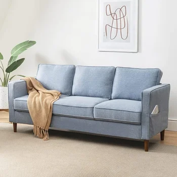Мягкое кресло/диван/кушетка из современной льняной ткани HANA с карманами в подлокотниках, пыльно-синий