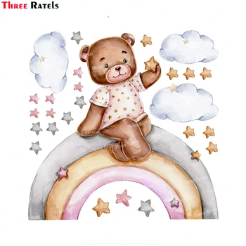 Наклейки на стены Three Ratels K731, Мультяшная девочка-медведь, сидящая на радуге, наклейки на стену, красочные звезды, детские наклейки из ПВХ