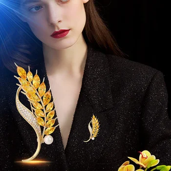 Осенняя брошь из желтого хрустального пшеничного колоса, булавки для женщин, модные роскошные украшения из металла и жемчуга, подарки для свадебной вечеринки, аксессуары для пальто
