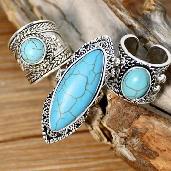 Открытые кольца в богемном стиле, имитация бирюзы цвета античного серебра, овальные кольца для женщин, винтажные кольца для вечеринок, ювелирные изделия, 1шт