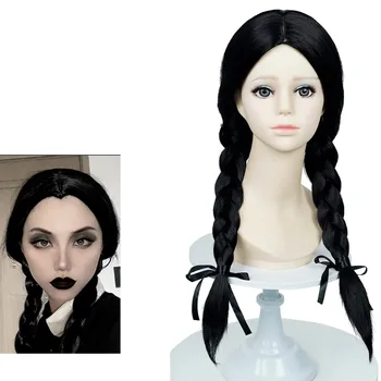 Парик для косплея Wednesday Addams, длинные черные волосы с косами, Термостойкие синтетические парики с челкой для вечеринки в честь Хэллоуина
