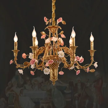 Пасторальный Латунный Керамический Подвесной светильник в виде цветка во французском стиле, Европейский декор в стиле рококо, Освещение столовой, Медная Люстра