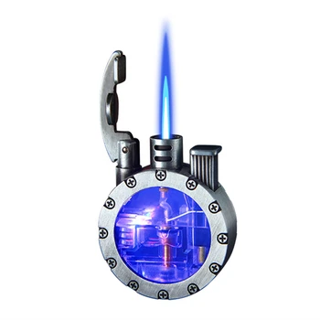 Ретро-металлическая реактивная зажигалка, ветрозащитное голубое пламя со светодиодной люминесцентной надувной переносной уличной зажигалкой, мужской подарок