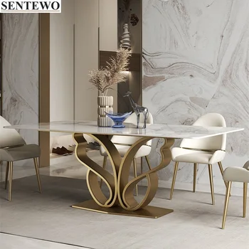 Роскошный обеденный стол из каменной плиты с набором из 4 стульев в золотой раме из нержавеющей стали и искусственного мрамора Mesa De Comedor Y Sillas