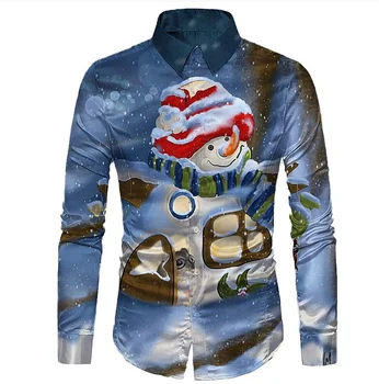 Рубашка с длинными рукавами и лацканами с принтом рождественского снеговика из удобной мягкой ткани, повседневная праздничная дизайнерская одежда для вечеринок