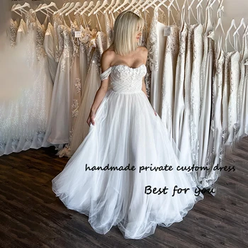Свадебные платья трапециевидной формы из белого тюля с открытыми плечами, милое платье невесты в стиле бохо, шикарные свадебные платья для побега с 3D цветами, шнуровка сзади