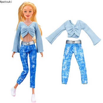 Синий укороченный топ с длинным рукавом, джинсовые брюки, Брюки для куклы Барби, Модный осенний комплект одежды, аксессуары для кукол 1/6, Детская игрушка