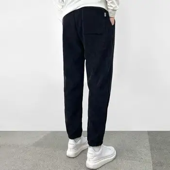 Спортивные брюки с окантовкой по щиколотку, мужские утепленные плюшевые широкие спортивные брюки с эластичными карманами на талии на шнурках для тепла осенью и зимой