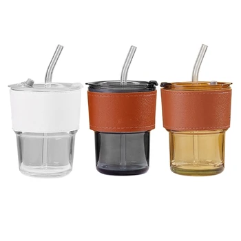 Стеклянные стаканчики Стеклянные стаканчики для питья в форме бамбукового шва с крышкой и соломинкой для напитков