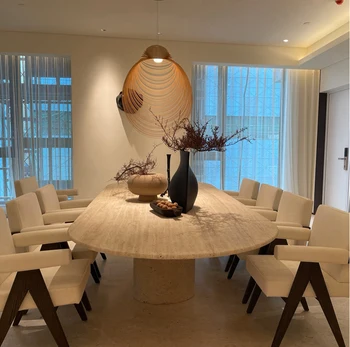 Стол из мрамора в скандинавском стиле в современном стиле, роскошный обеденный стол из травертина, 8 стульев, стол из полированного травертина