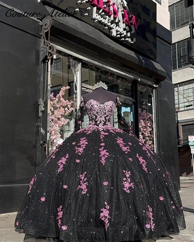 Темно-Розовые Кружевные Аппликации, Черное Роскошное Пышное Платье в виде Сердечка 2023 Года С Бантом, Бальное Платье Charro Mexican Dress vestido de 15