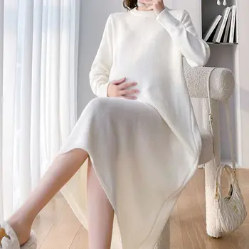 Трикотажные платья для беременных 2023, новая одежда для беременных, однотонный длинный свитер с круглым вырезом, платье больших размеров, платья для беременных