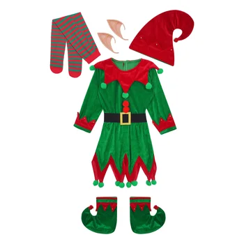 Унисекс Рождественский костюм эльфа для косплея, платье с помпонами и ушками, Шляпа, пояс, обувь, Полосатые чулки для Рождественского карнавала, Новогодней вечеринки