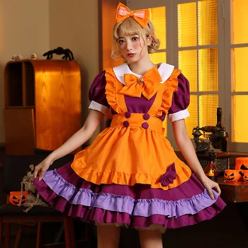 Хэллоуин Оранжевый Фиолетовый костюм горничной Бабочка-колокольчик Японская горничная праздничный костюм вечернее платье