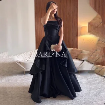 Черные атласные вечерние платья трапециевидной формы без бретелек, длинное арабское платье для выпускного вечера в Дубае длиной до пола, вечерние платья на шнуровке сзади