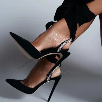 Черный хрустальный декор, туфли-лодочки с острым носком на поломанном каблуке, женская обувь на шнуровке на тонком высоком каблуке, Модная вечеринка 2023 Zapatos Para Mujere