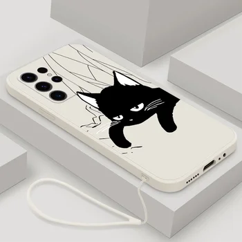 Чехол Black Cat для Samsung Galaxy S23 Ultra S22 S21 S20 Plus Ultra S21 FE из жидкого силикона 5G Skin с ремешком для телефона